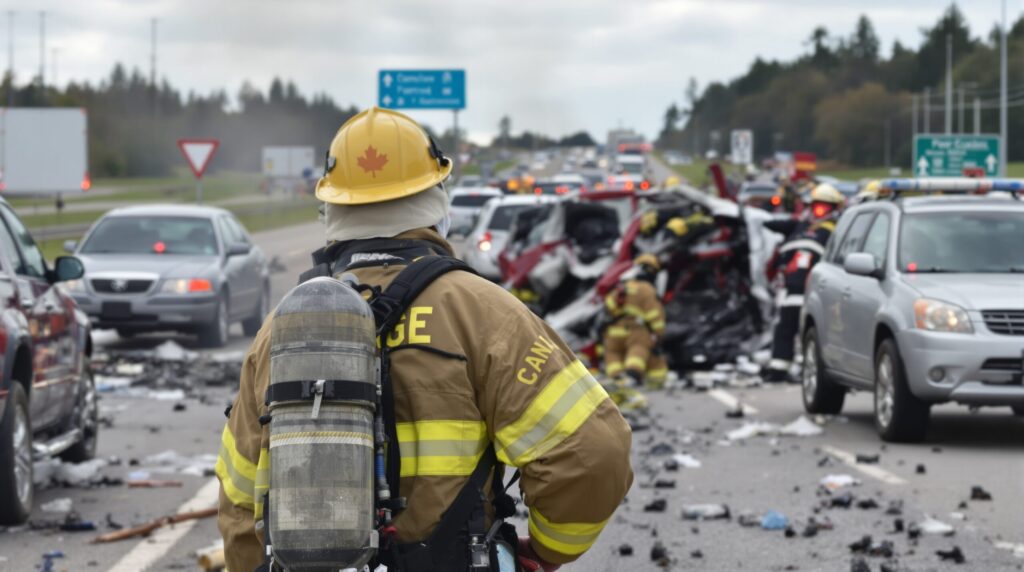 Medical First Responder looking out at highway incident